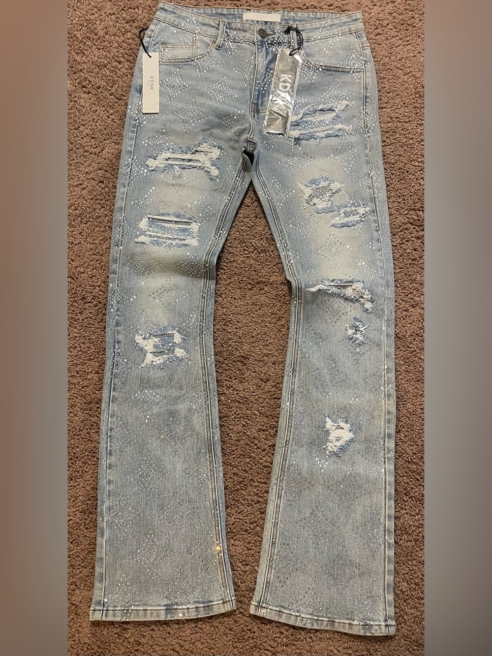 KDNK Light Blue Skinny Flare Jeans with Distressed & Speckled Detail NWOT